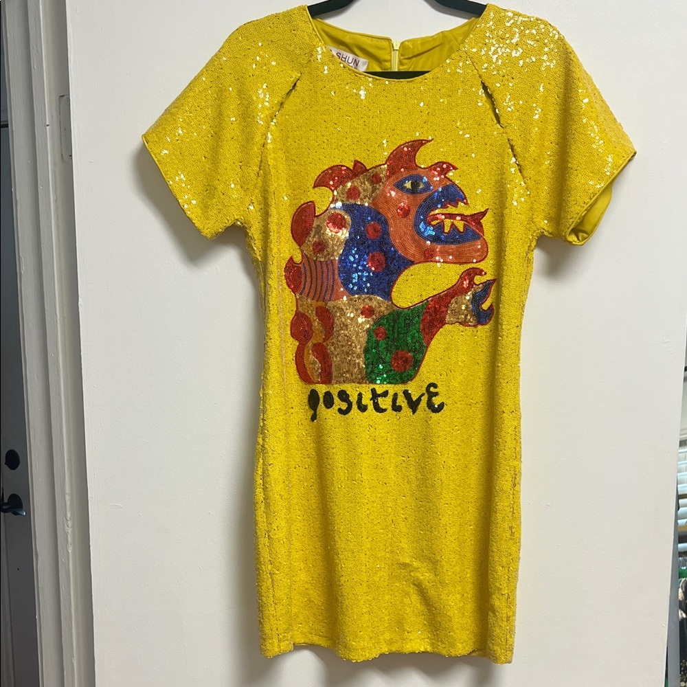 Y2K Bright Yellow Sequin Colorful Dragon Short Sleeve Mini Dress Cut Outs Small